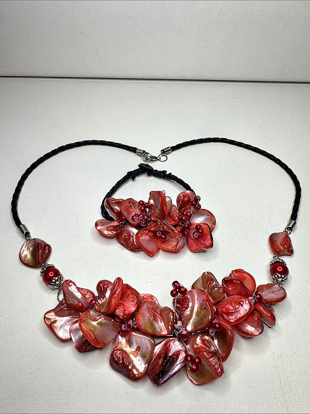 Vintage Mother of Pearl Shell Flower Necklace & Bracelet Set Coral Pink